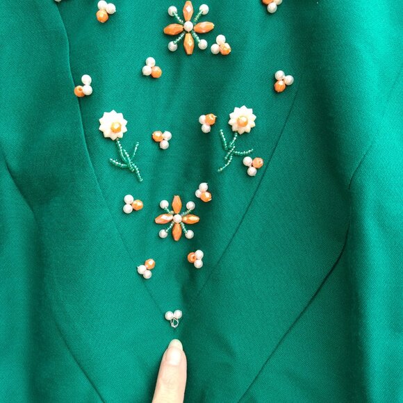 Vintage 60s Dress "Fashion Centre" Green Beaded Daisy 32"B 29"W - Picture 3 of 16